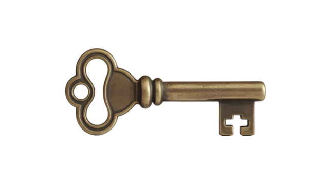 Antique bronze key isolated on transparent background