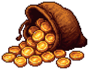 Pixelated gold treasure vector: retro game style coins art for adventure and fantasy themes