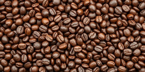 Fototapeta premium Rich brown coffee beans background, close-up texture, detail, photo