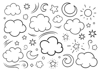 Charming hand drawn crayon art featuring celestial bodies like stars and moons with a delightful cloud texture pattern for creative projects
