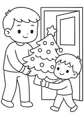 coloring book boy and dad carrying a small Christmas tree through the doorway, cheerful holiday moment