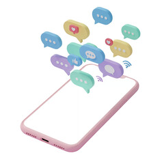 Isometric Smartphone With Floating Chat Bubbles And Notification Symbols On Transparent Background