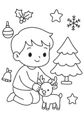 coloring book boy caring for a baby reindeer near a small tree, sweet holiday scene