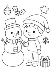 coloring book boy with a friendly snowman outdoors, cozy winter holiday