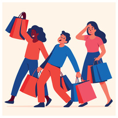 Diverse shoppers vector: multicultural cartoon trio with shopping bags - retail, fashion, diversity