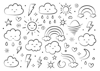 Charming cartoon weather elements featuring cute clouds sun and moon graphics for various design projects