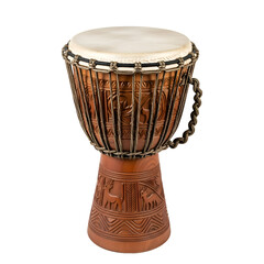 Detailed Photo Shows Carved Wooden Drum with Animal Motifs against Black Backdrop
