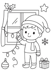 coloring book boy hanging string lights on a window, decorating for Christmas