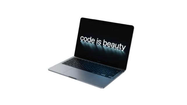 Laptop displaying code is beauty isolated on transparent background for programmers