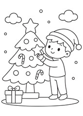 coloring book boy placing a star on the Christmas tree, cheerful decorating moment