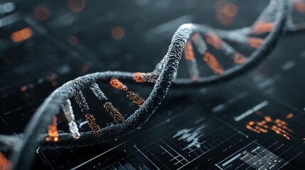 Genetic engineering theme, 3D-rendered DNA double helix and CRISPR - Cas9 editing tool model, gene map beside it, background is a black tech - inspired interface
