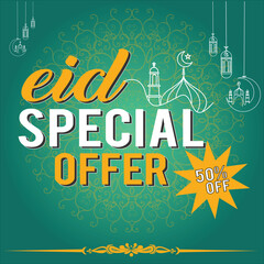 Obraz premium Eid Special offer sale offer 50% off in the gray colour , Ramadan weekend sale, Eid ul fitar and Eid al Adha special offer .Ramadan label design banner vector template background with premium art. 