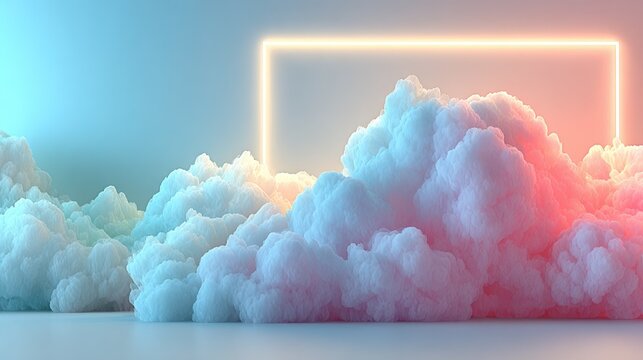 Soft pastel clouds fill a space lit by a neon rectangle