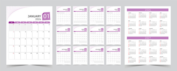 Monthly calendar template for 2026 year. The Week start on Sunday. Desk calendar 2026 design, simple and clean design, Wall calendar for print, digital calendar, Corporate design planner template.