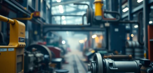 Obraz premium Out-of-focus factory scene, hazy machinery, muted colors, gritty texture, background, defocused