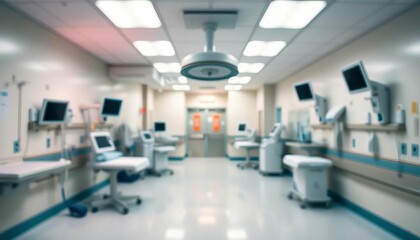 Fototapeta premium Out-of-focus hospital interior, muted colors, blurred medical equipment, beige, unclear