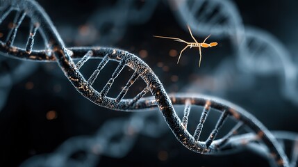 Genetic engineering theme, 3D-rendered DNA double helix and CRISPR - Cas9 editing tool model, gene map beside it, background is a black tech - inspired interface
