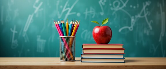 Colorful pencils in holder next to stacked books with red apple on wooden surface with chalkboard