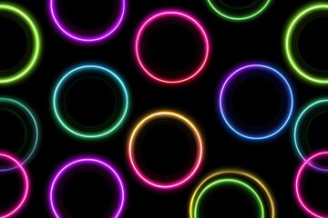 Colorful neon light circles in a retro-style animation, with circular shapes, a colorful, circular arrangement of colors,