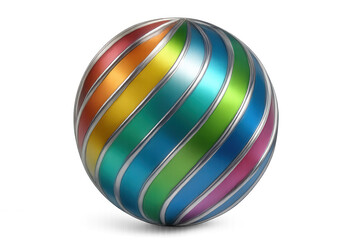 Obraz premium Colorful sphere rotating, with rainbow stripes and metallic silver borders, on transparent background