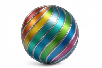Colorful sphere rotating, with rainbow stripes and metallic silver borders, on transparent background