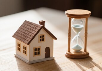 Miniature House with Hourglass Symbolizing Real Estate Investment and Future Planning