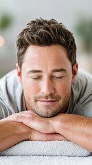 Obraz premium Relaxation and wellness therapy for spa massage with peaceful man enjoying calm and soothing treatment for stress relief and comfort