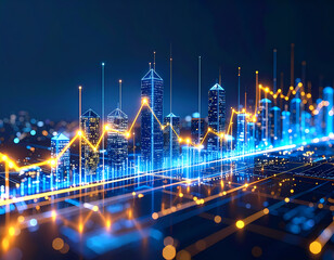 Financial market analysis stock market data and city skyline concept