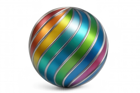 Colorful sphere rotating, with rainbow stripes and metallic silver borders, on transparent background