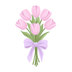 Fototapeta premium Romantic bouquet of pink tulips tied with a lavender ribbon for springtime cheer