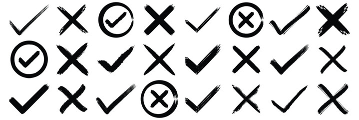 Check tick mark icon set. Cross box x check mark checkbox v list vector draw hand drawn sketch doodle brush marker checklist symbol wrong right circle. Grunge brush stroke checkmarks. eps 10 © Hike Studio 444