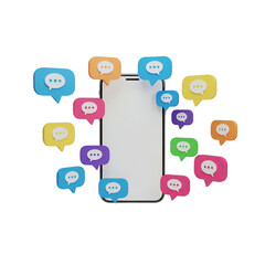 Smartphone surrounded by colorful speech bubbles representing digital communication on a transparent background