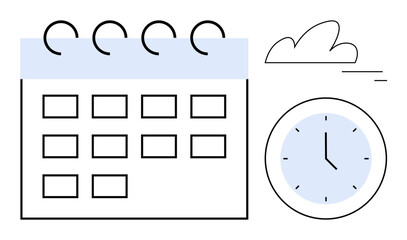 Obraz premium Calendar with highlighted rows and clock representing organization, planning, productivity, appointments, reminders, time tracking. Ideal for task management, event scheduling, simple landing page