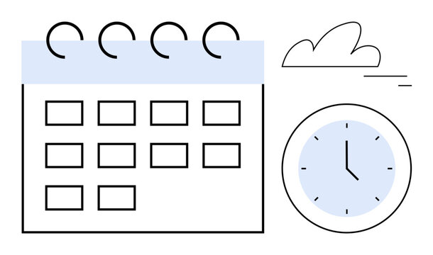 Calendar with highlighted rows and clock representing organization, planning, productivity, appointments, reminders, time tracking. Ideal for task management, event scheduling, simple landing page