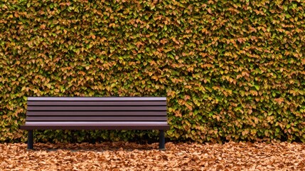 A serene park scene featuring a wooden bench surrounded by vibrant autumn leaves and lush greenery