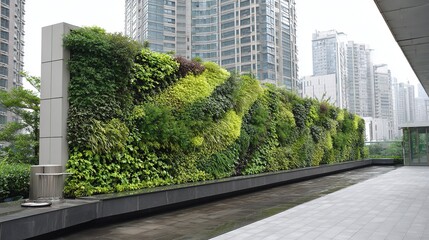 Green environmental protection publicity theme, urban vertical greening wall, various green plants planted on it, rainwater collection device below, background is high-rise buildings