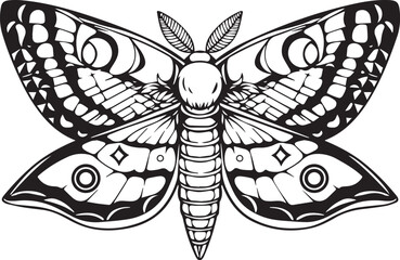 Moth Illustration: A meticulously detailed black and white illustration of a moth, showcasing intricate wing patterns and symmetrical design.