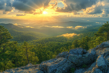 Tranquil panorama of morning wild nature high in the mountains, showcasing a vast expanse of untouched wilderness. The sun's rays pierce through the clouds, 
