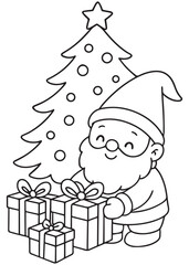 coloring book christmas gnome placing wrapped gifts under a big tree