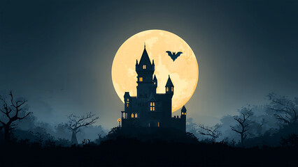 Fototapeta premium Haunted castle silhouette with full moon and spooky trees Halloween illustration background.