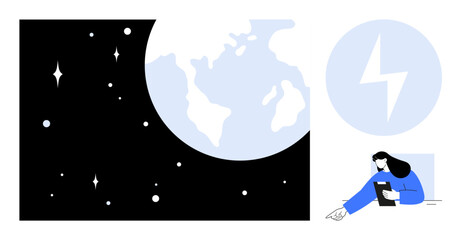 Earth in space view with stars, energy icon, and woman using a tablet. Ideal for sustainability, technology, science, education, space exploration, renewable energy simple landing page