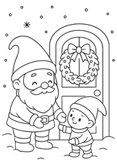 coloring book christmas gnome at a door with wreath, handing a warm mug