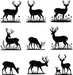 Deer silhouette vector set, antler and fawn poses, floral nature elements, black wildlife illustration, forest animal design, grazing and standing artwork