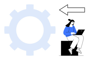 Female character seated on a block using laptop, large gear symbol in background, bold arrow pointing left. Ideal for productivity, technology, workflow, focus, direction, strategy innovation