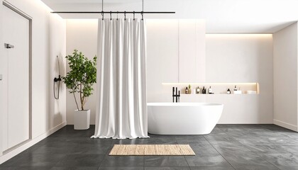 Minimalist luxury bathroom interior with a white freestanding tub, dark slate floor, and soft ambient lighting for a spa-like experience