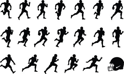  Football player running silhouettes, sprint motion sequence, athletic action poses, black vector illustration, sports training, dynamic movement, helmet detail, fitness concept