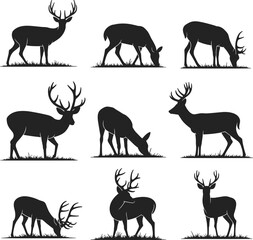 Deer silhouette vector set, grazing and standing poses, antler wildlife illustration, black animal shapes, forest nature design, hunting theme artwork