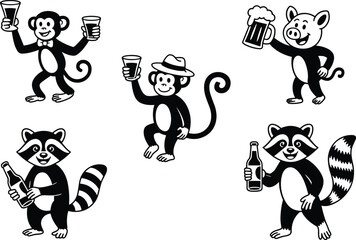 Cartoon animals drinking, monkey with wine, raccoon with bottle, pig with beer, funny anthropomorphic characters, party animals, vector illustration, humor