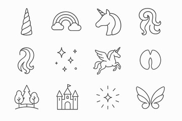 Obraz premium Minimalist unicorn icons, simple line art vector illustrations for fantasy and magical designs