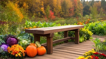 Fototapeta premium Vibrant autumn garden scene featuring a wooden bench surrounded by colorful pumpkins and flowers